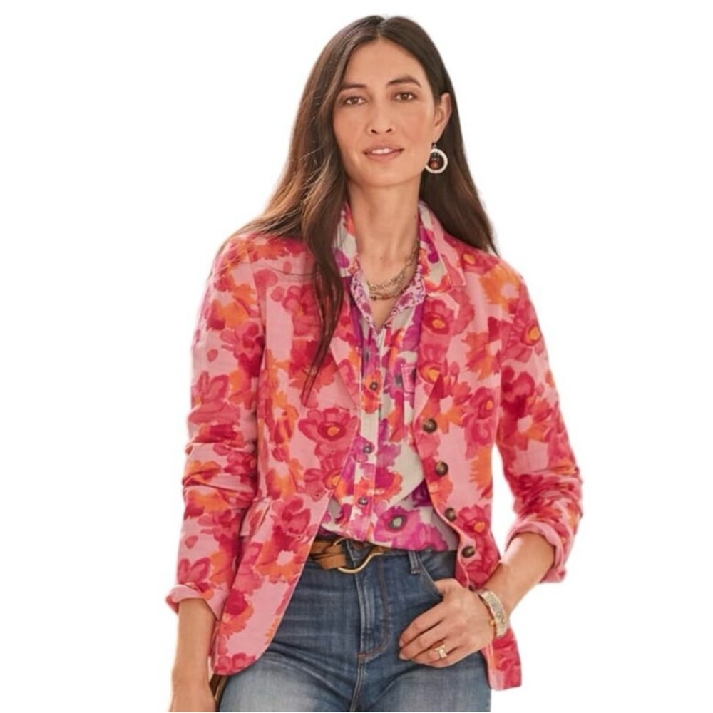 Sundance Boho Sunrise Bloom Floral Linen Blazer Coral Pink Orange Jacket Large L